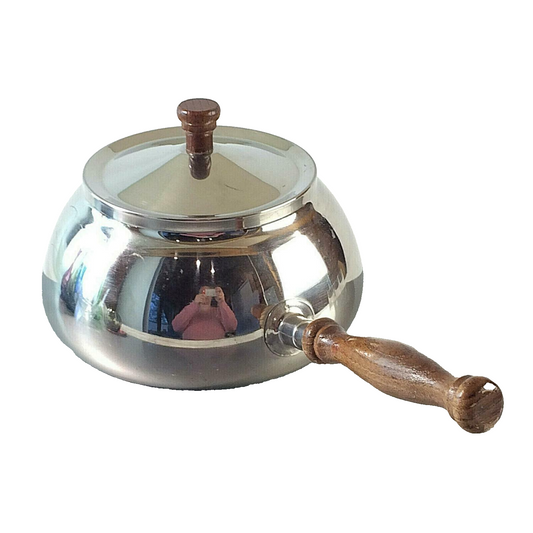 FGG Fonduetopf FONDUE Topf Stieltopf Edelstahl Teak HOLz Griff 50er 60er