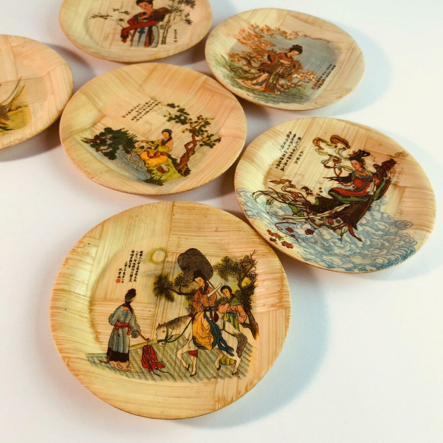 6er Set Untersetzer Taiwan CHina Gläser 50er 60er Holz bemalt 10,8 cm