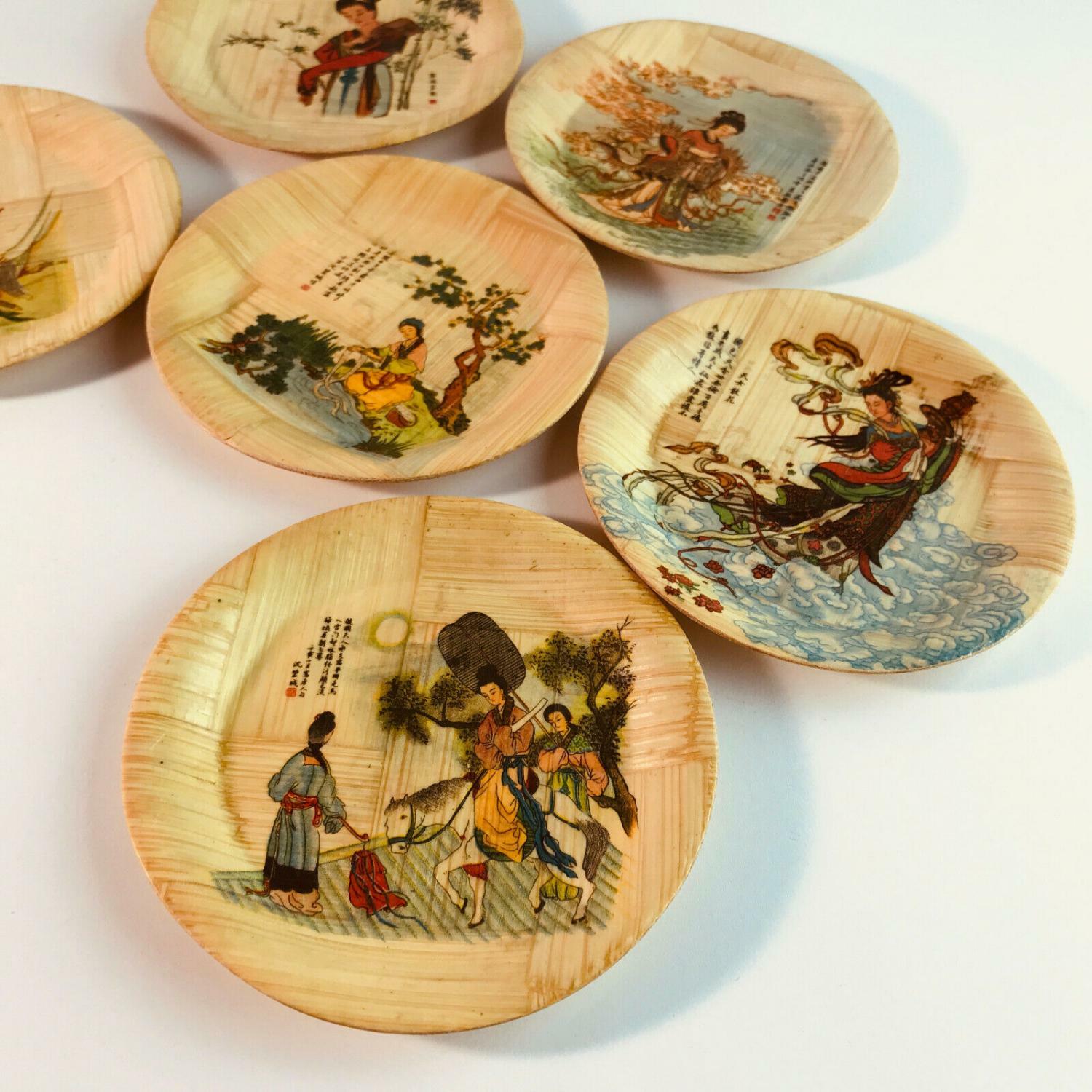 6er Set Untersetzer Taiwan CHina Gläser 50er 60er Holz bemalt 10,8 cm