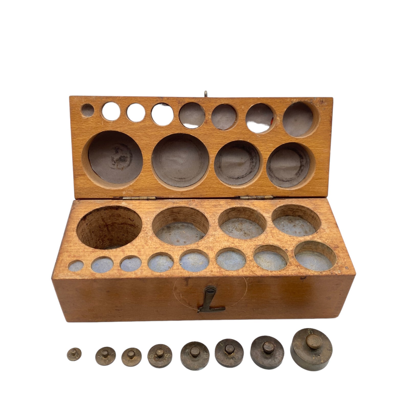 Alte Gewichte Waage 1g 2g 5g 10g 20g 50g unvollständig Holz Box 30er 40er 50er