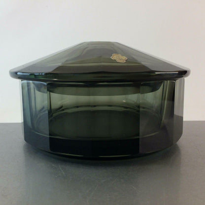 Art Déco Glasdose Dose gemarkt Rauchglas Facettenschliff 15,5 cm Böhmen