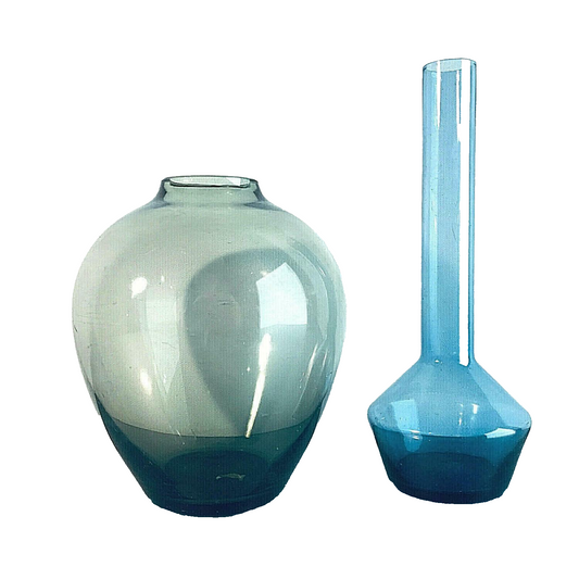 Vintage Glas Vase blau Rauchglas 50er 60er MID CENTURY 14 cm & 10,5 cm