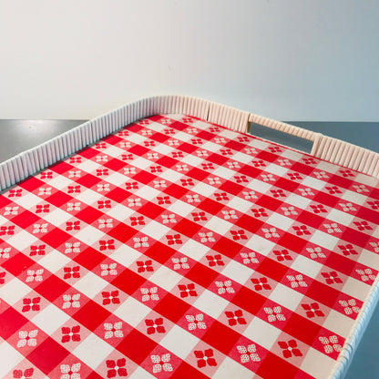 MID CENTURY 50er 60er Tablett  34 x 47 cm Blumen Karo rot Kunststoff 70er