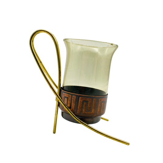 Glas Bernstein gelb Messing 50er 60er mit Halter MID CENTURY Kupfer