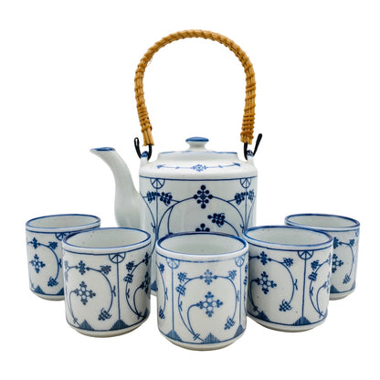 Teeservice 5er Set Teeschalen Teekanne blau weiß Blüten Vintage 60er 70er Jahre