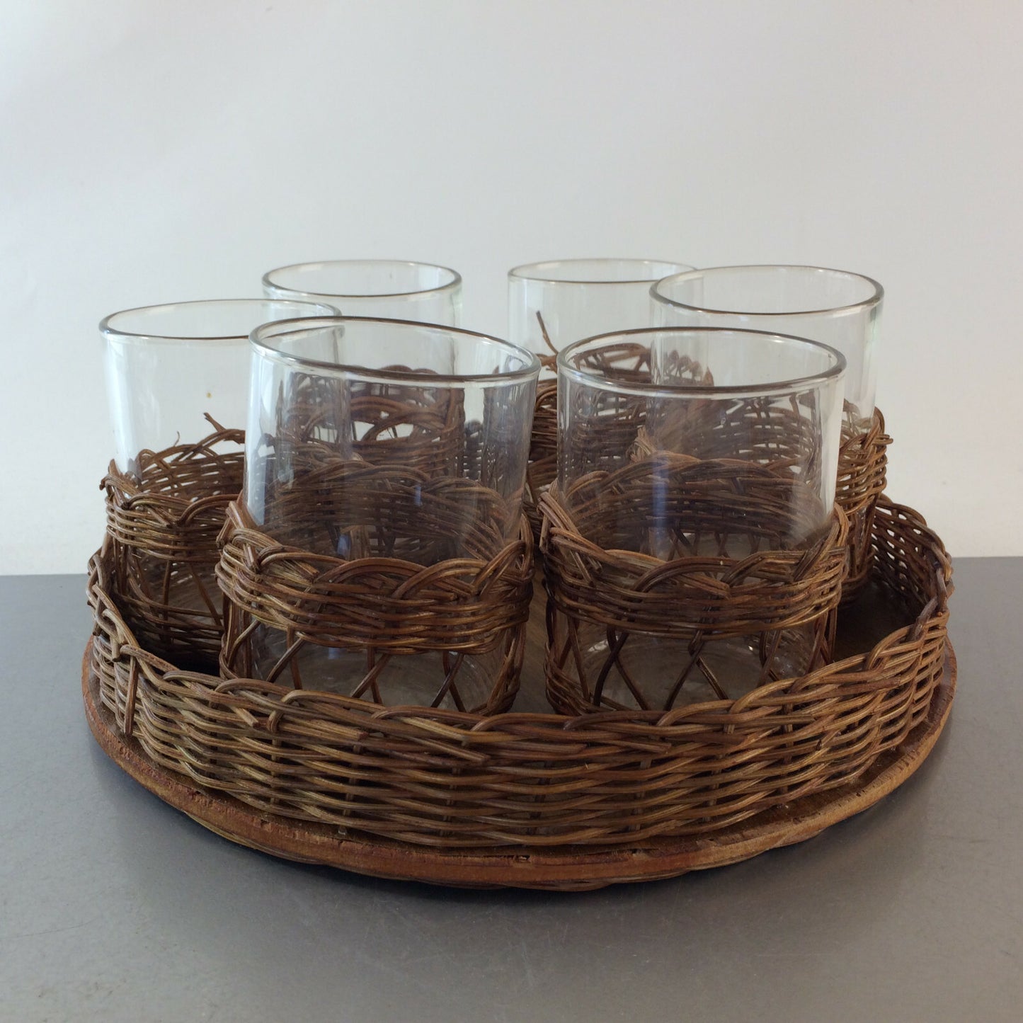 MID CENTURY 6er Set  Teegläser Gläser Schott 50er 60er Tablett Holz 25 cm