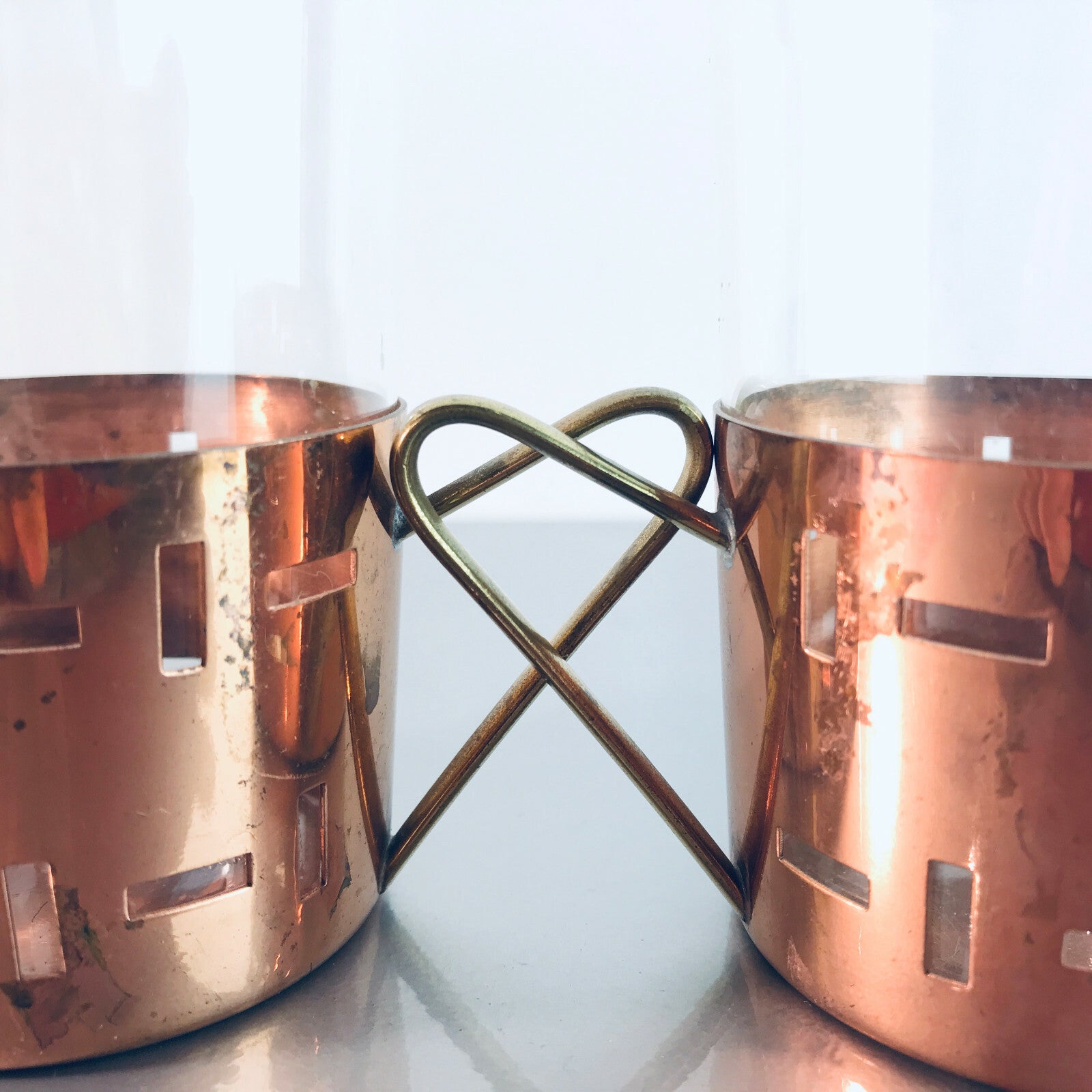 Teegläser Halter 50er 60er Set SCHOTT MID CENTURY Teetassen Glas Kupfer
