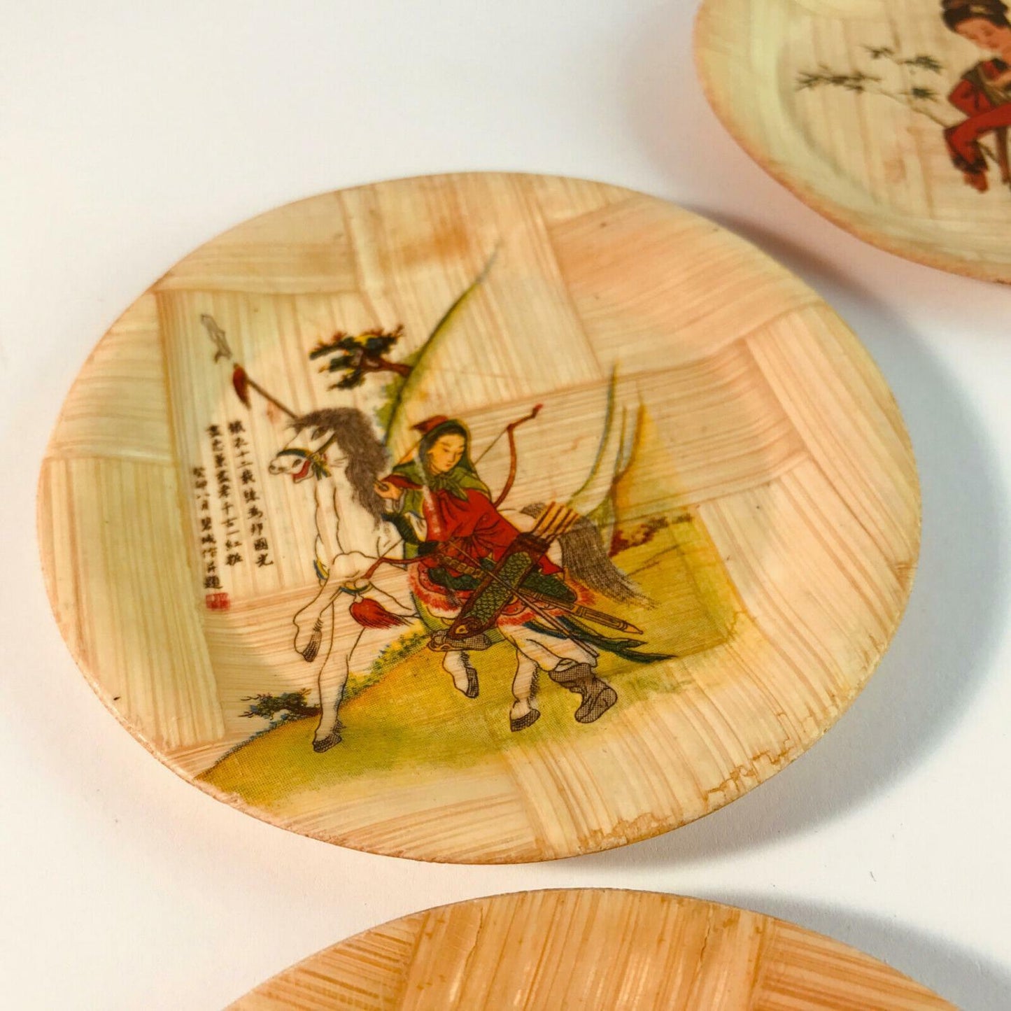 6er Set Untersetzer Taiwan CHina Gläser 50er 60er Holz bemalt 10,8 cm