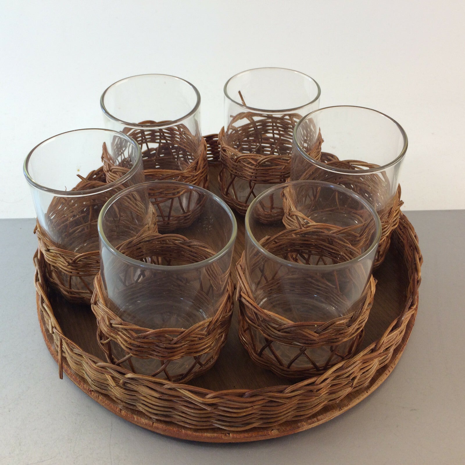MID CENTURY 6er Set  Teegläser Gläser Schott 50er 60er Tablett Holz 25 cm