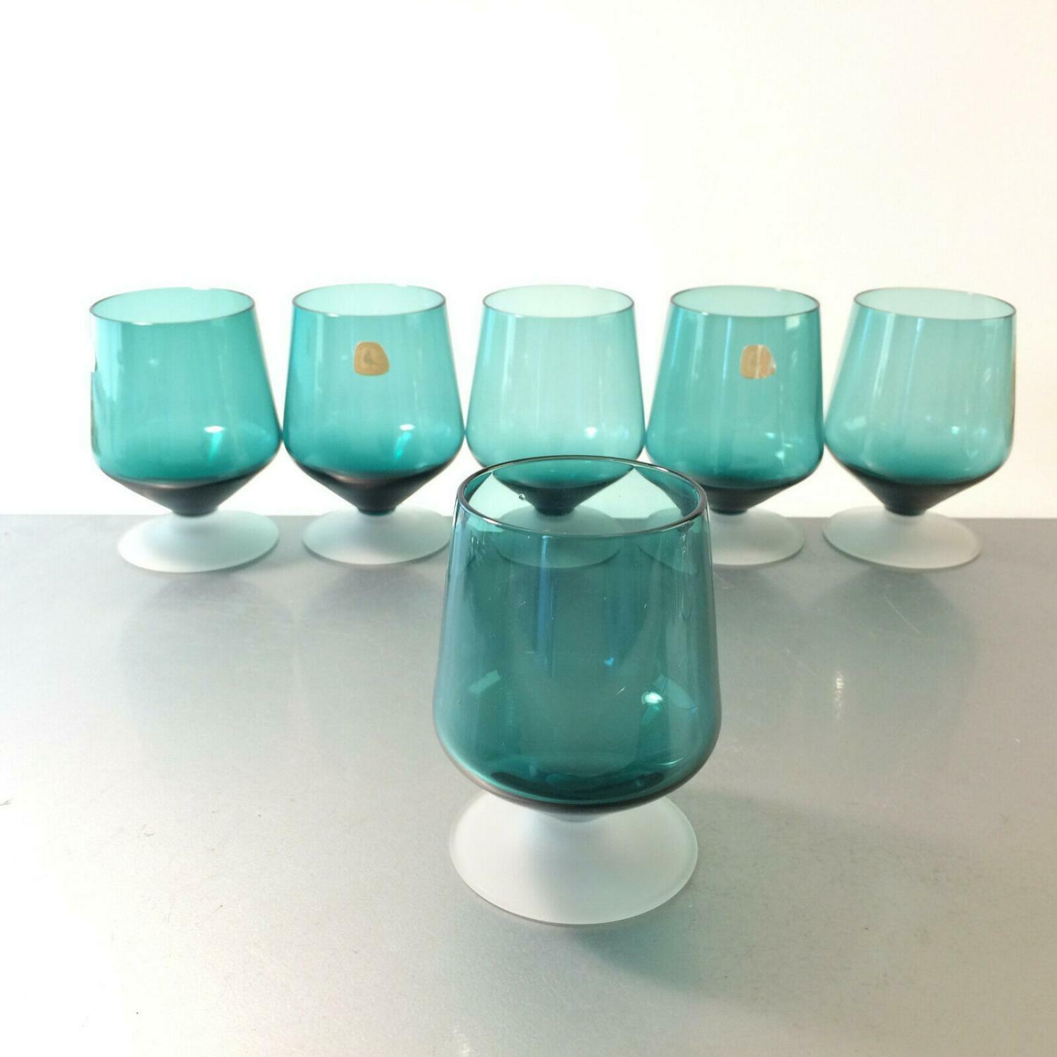 TAUBE Gläser 9,8 cm Satinato Fuß blau 6er Set  MID CENTURY GLAS  50er 60er