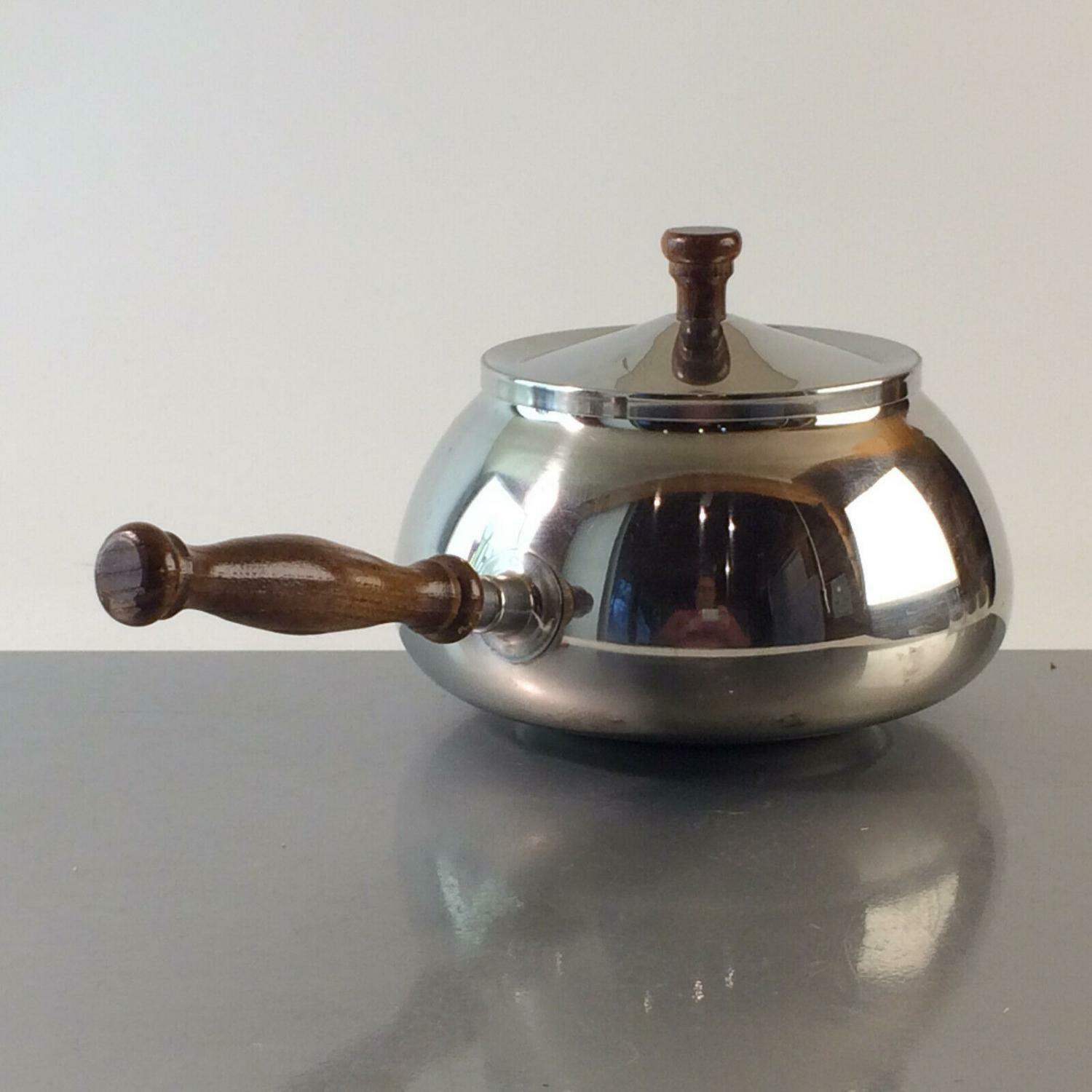 FGG Fonduetopf FONDUE Topf Stieltopf Edelstahl Teak HOLz Griff 50er 60er
