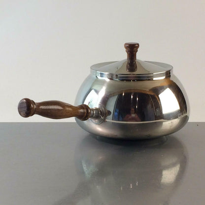 FGG Fonduetopf FONDUE Topf Stieltopf Edelstahl Teak HOLz Griff 50er 60er
