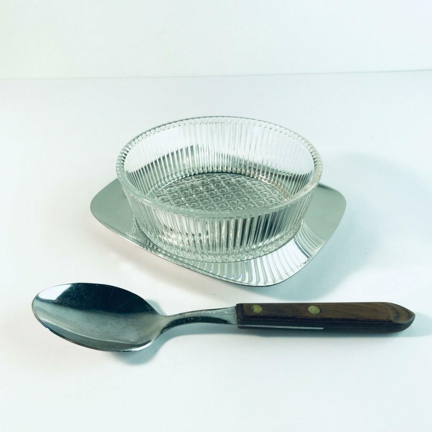 WILKENS Tablett EDELSTAHL GLAS Schälchen Oliven Käse 60er 70er + Löffel