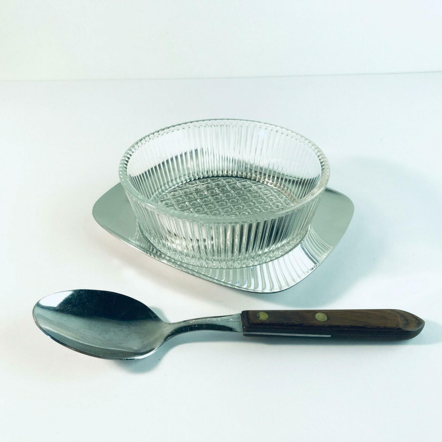 WILKENS Tablett EDELSTAHL GLAS Schälchen Oliven Käse 60er 70er + Löffel