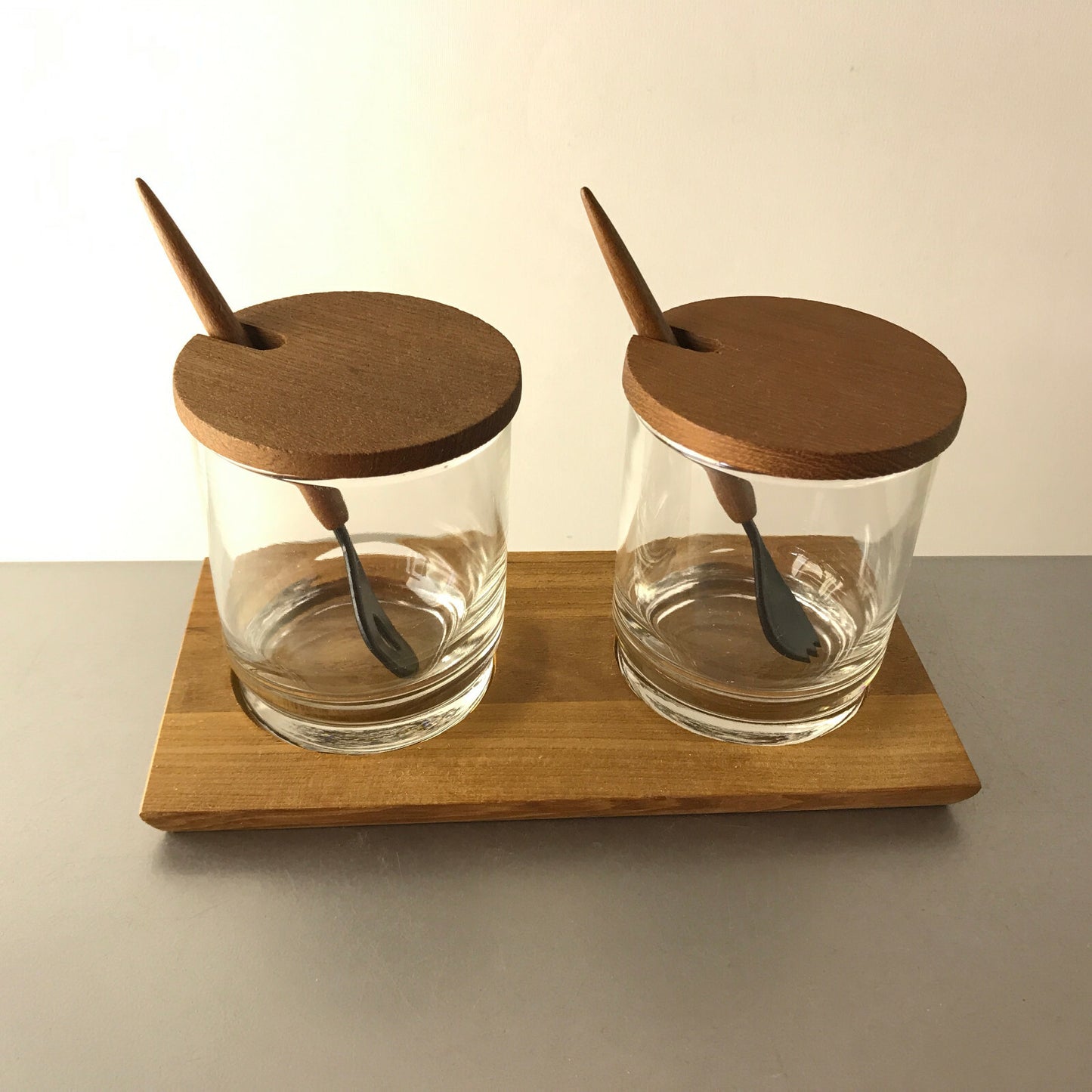 VINTAGE Glas Schalen D 7,5 TEAK Holz Schälchen 50er 60er Löffel Honig
