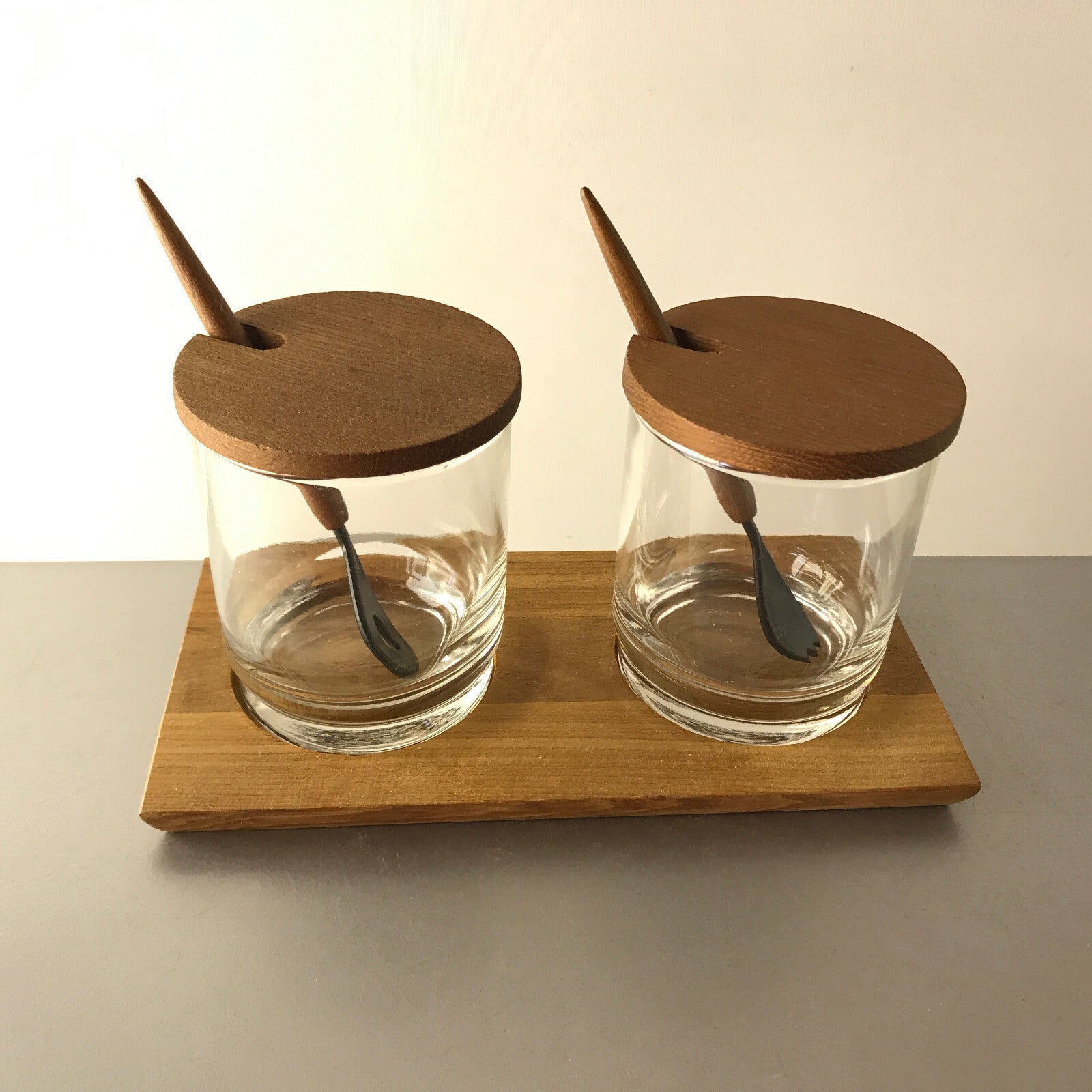 VINTAGE Glas Schalen D 7,5 TEAK Holz Schälchen 50er 60er Löffel Honig