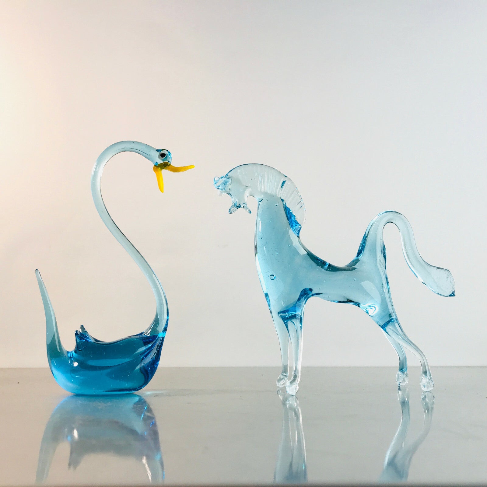  Murano Figur Pferd Schwan blau Glas Vintage ca 13 cm 60er 70er Tierfigur