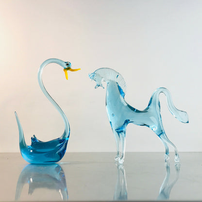  Murano Figur Pferd Schwan blau Glas Vintage ca 13 cm 60er 70er Tierfigur