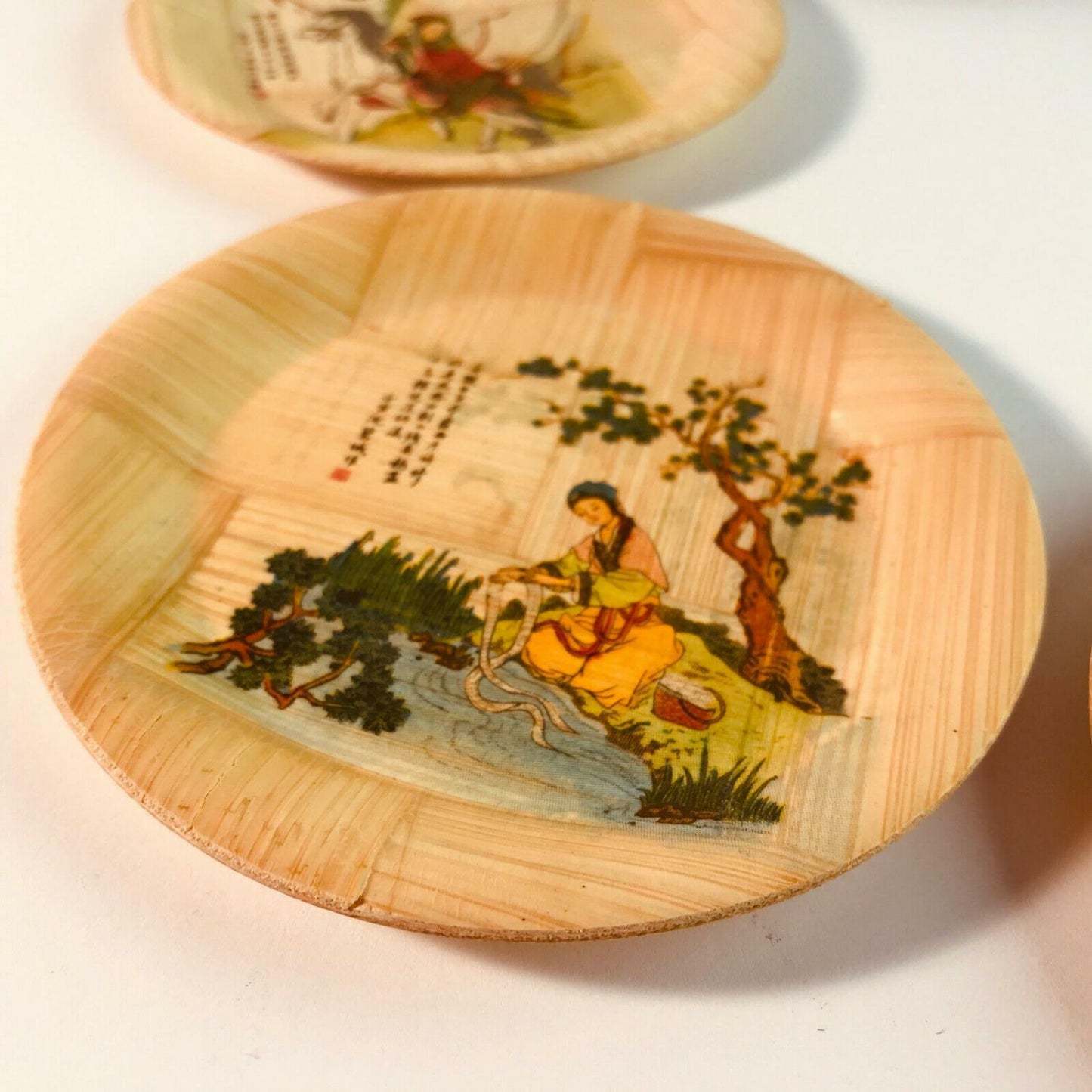 6er Set Untersetzer Taiwan CHina Gläser 50er 60er Holz bemalt 10,8 cm