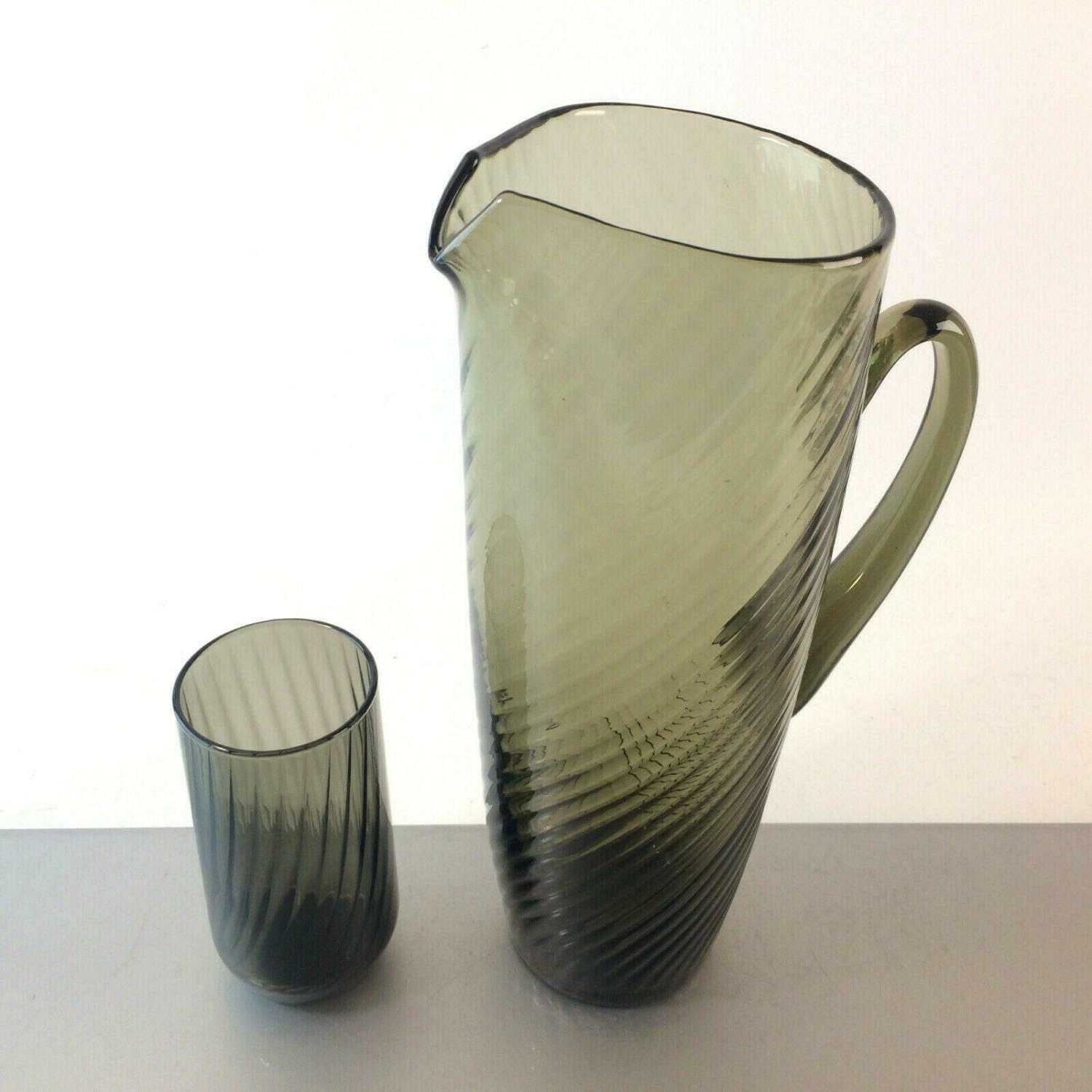 Karaffe + Glas 50er 60er Vase MID CENTURY Rauchglas 27 cm Kanne Set