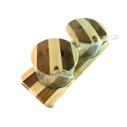 Honig- und Konfitürenset D 9 cm Schälchen Glas Tablett Holz 24,5 cm