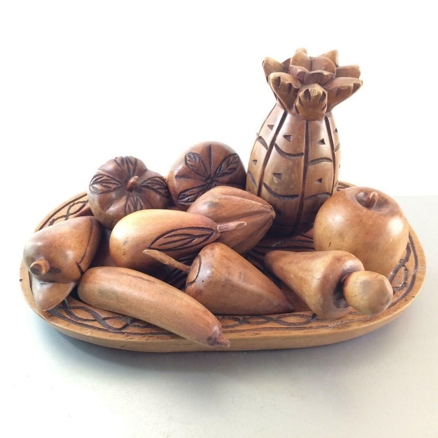 Vintage OBST Teller Schale Holz Holzschale MID CENTURY Ananas Äpfel Mais