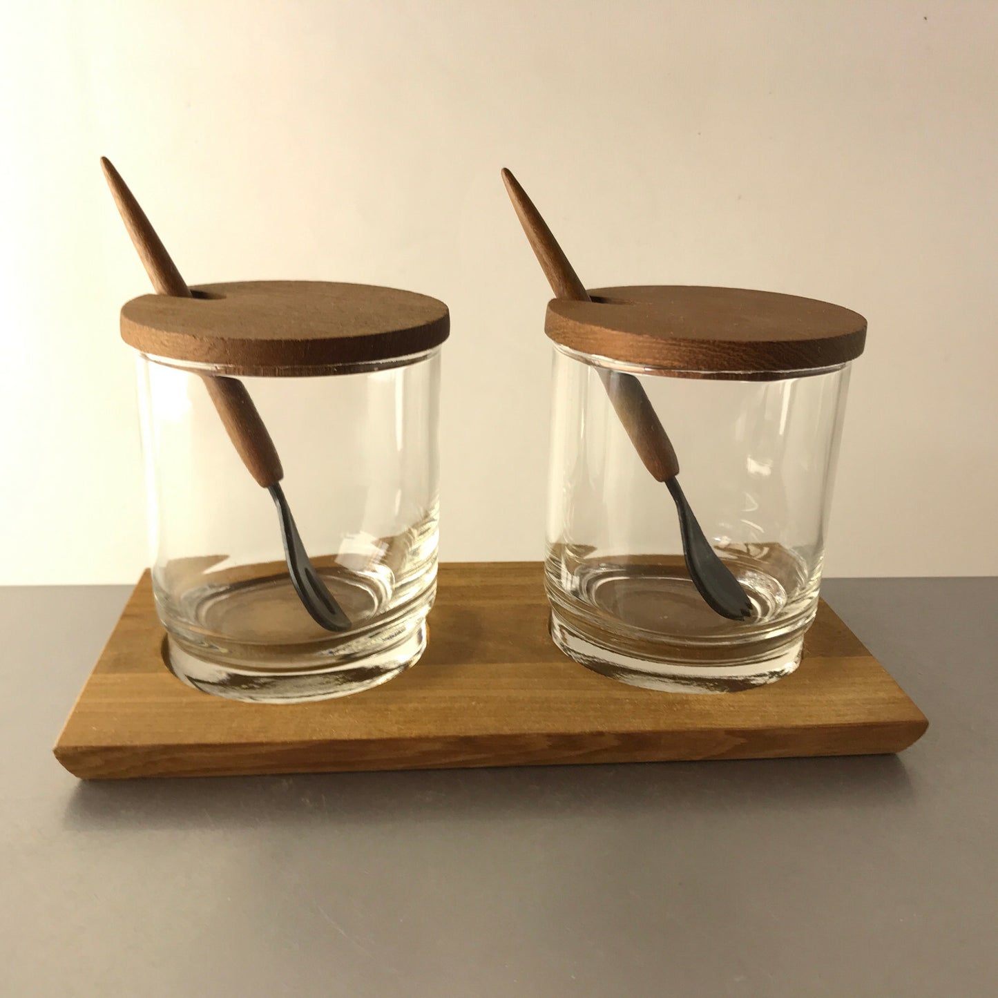 VINTAGE Glas Schalen D 7,5 TEAK Holz Schälchen 50er 60er Löffel Honig