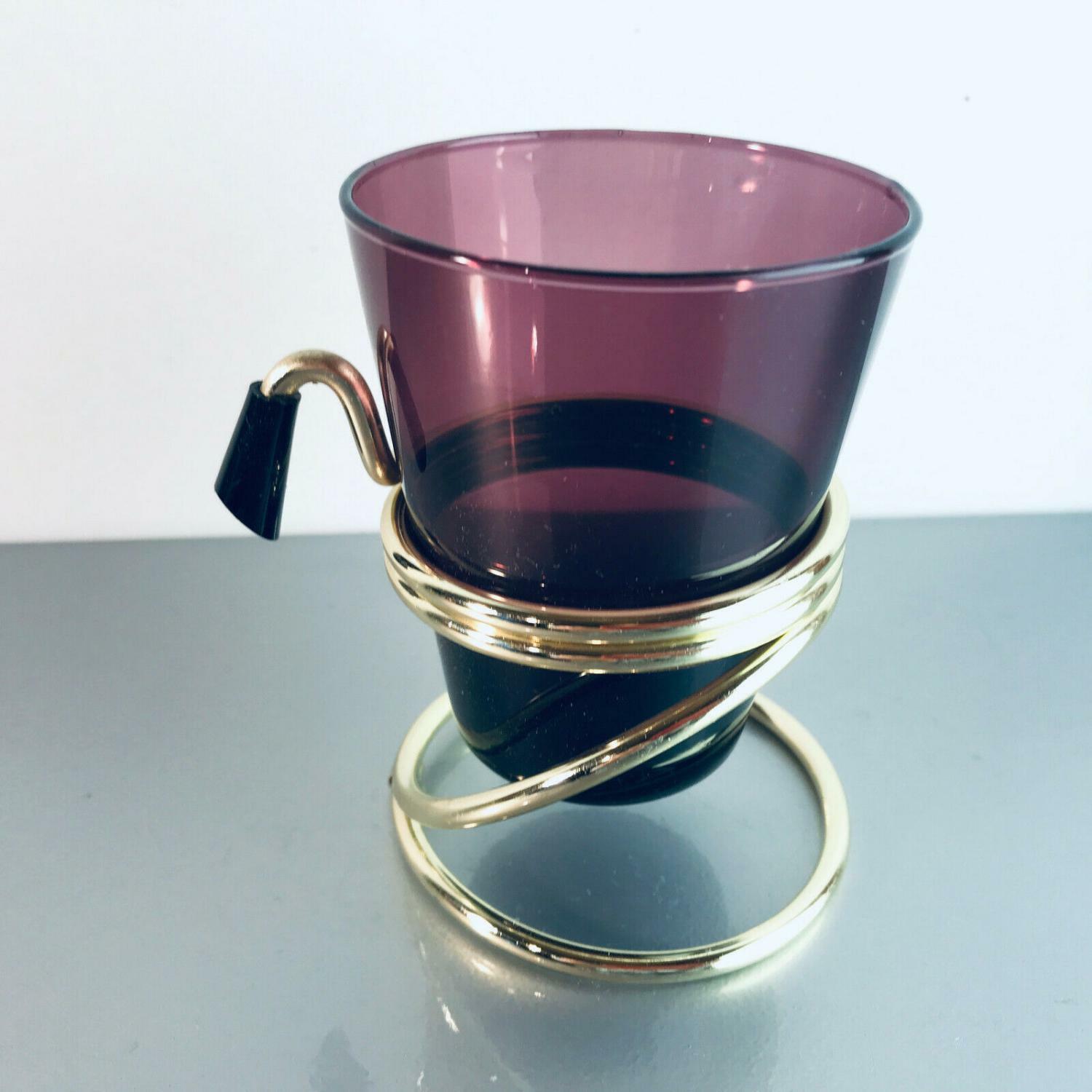 Glas lila Messing 50er 60er mit Halter MID CENTURY