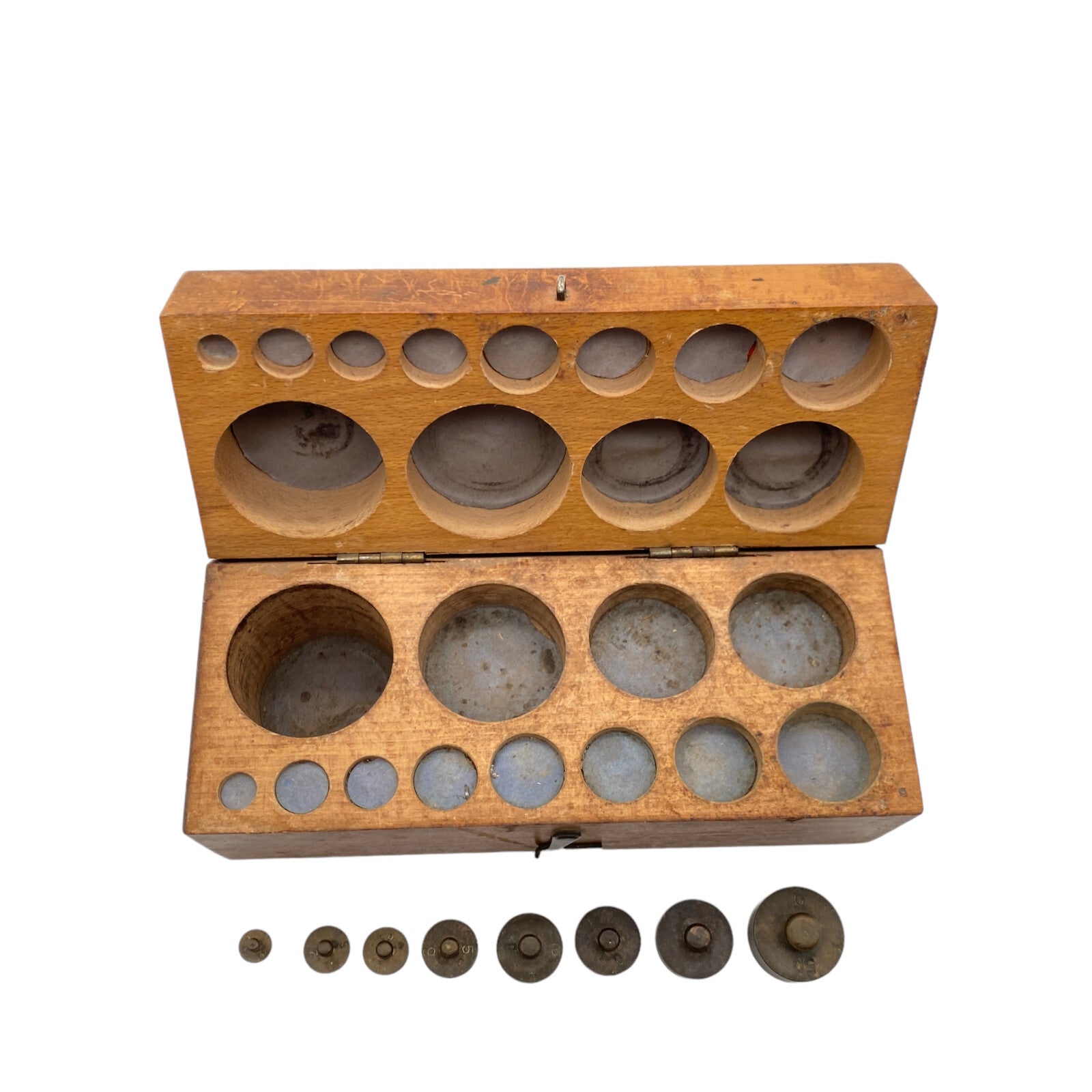 Alte Gewichte Waage 1g 2g 5g 10g 20g 50g unvollständig Holz Box 30er 40er 50er