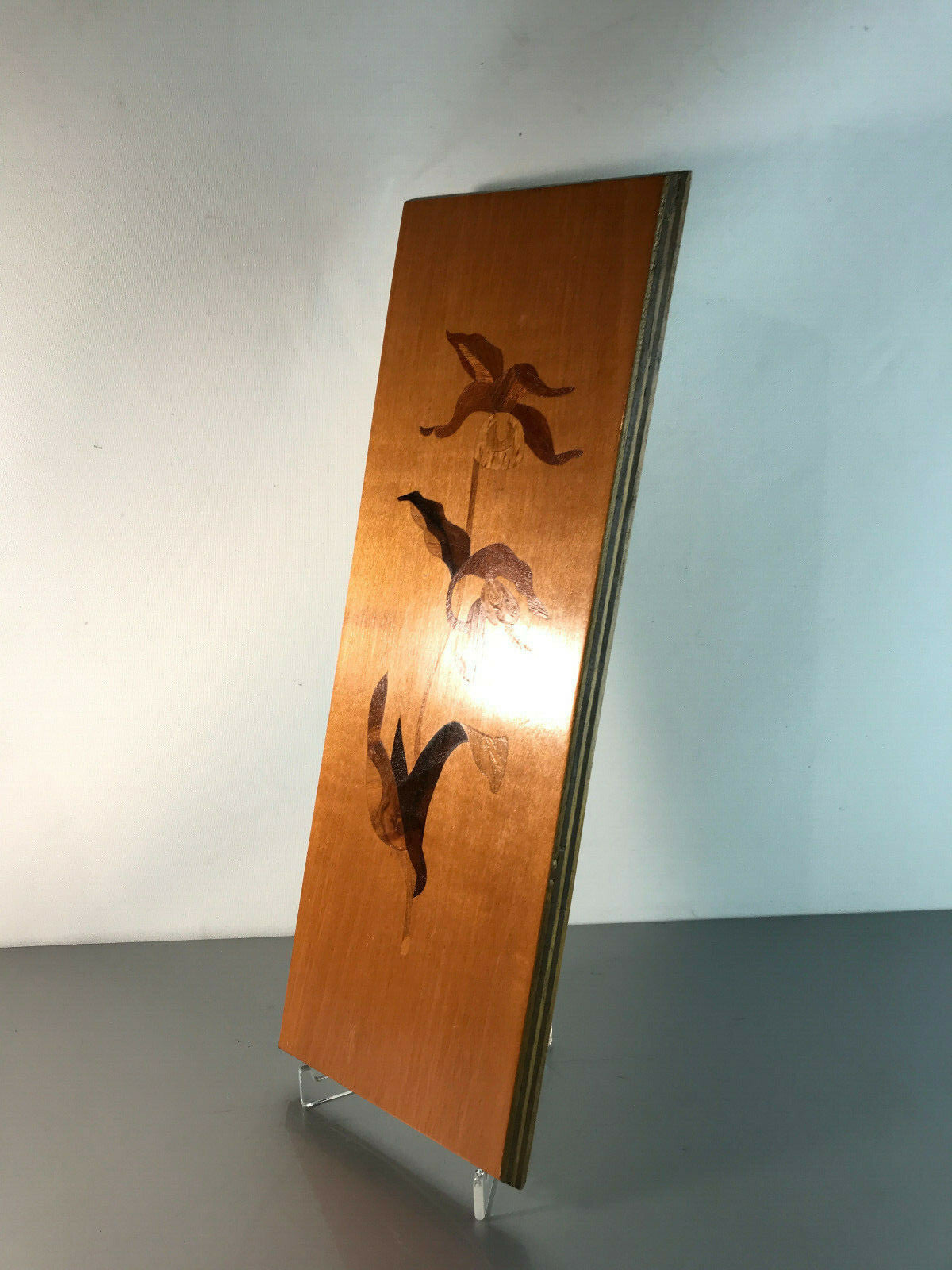 MID CENTURY Bild 50er 60er Intarsien Orchideen Holzbild 39 x 13,5 cm 