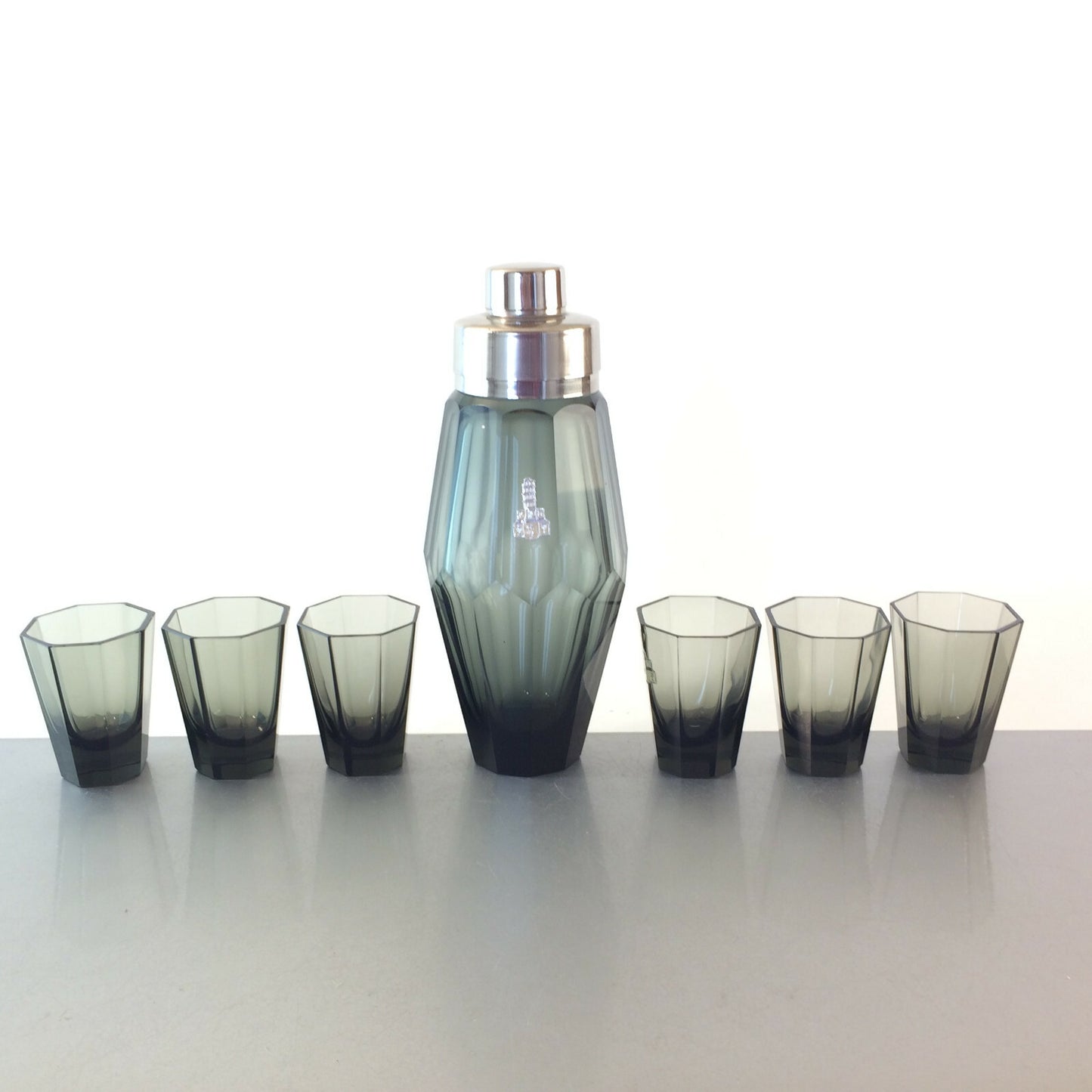 VINTAGE Shaker Art Déco Facetten HAIDA Böhmen Cocktailshaker Glas Gläser