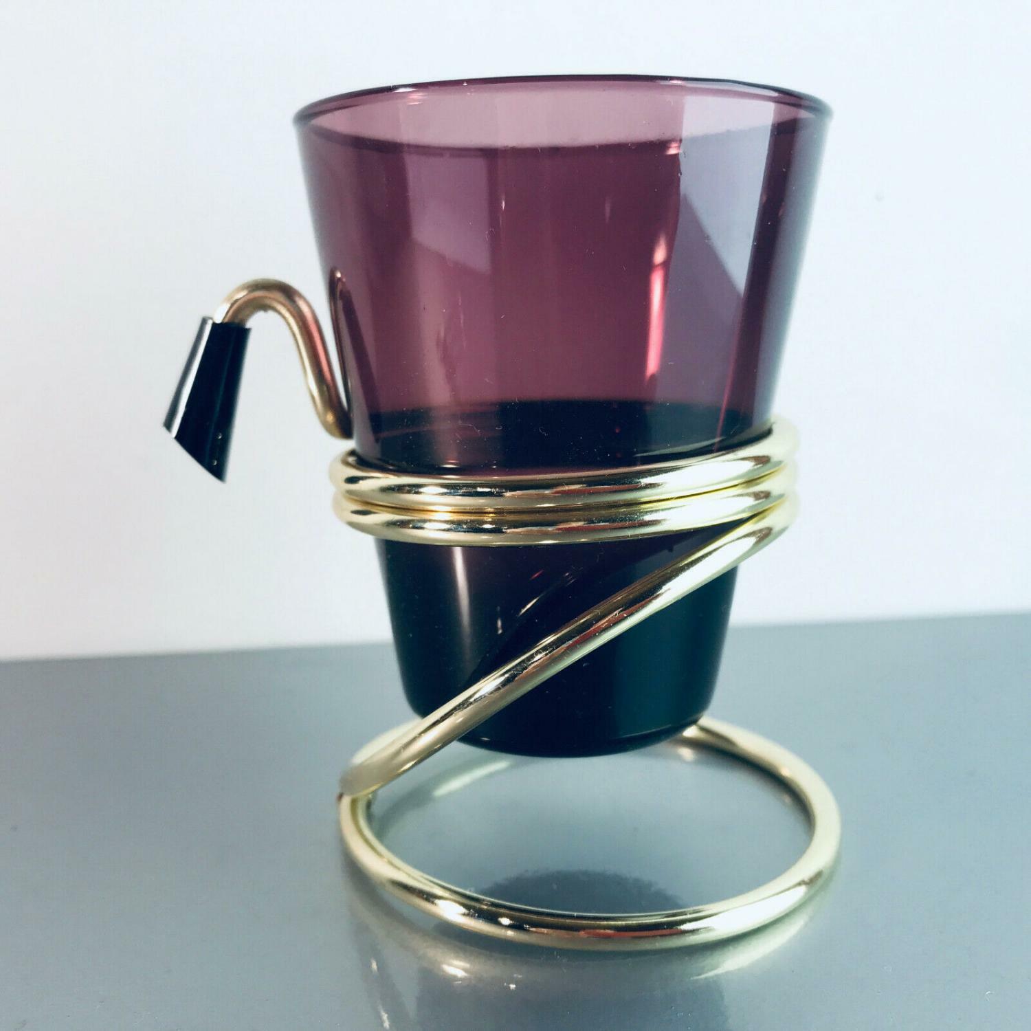 Glas lila Messing 50er 60er mit Halter MID CENTURY