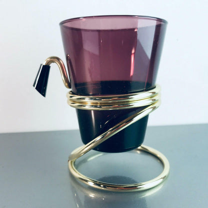 Glas lila Messing 50er 60er mit Halter MID CENTURY