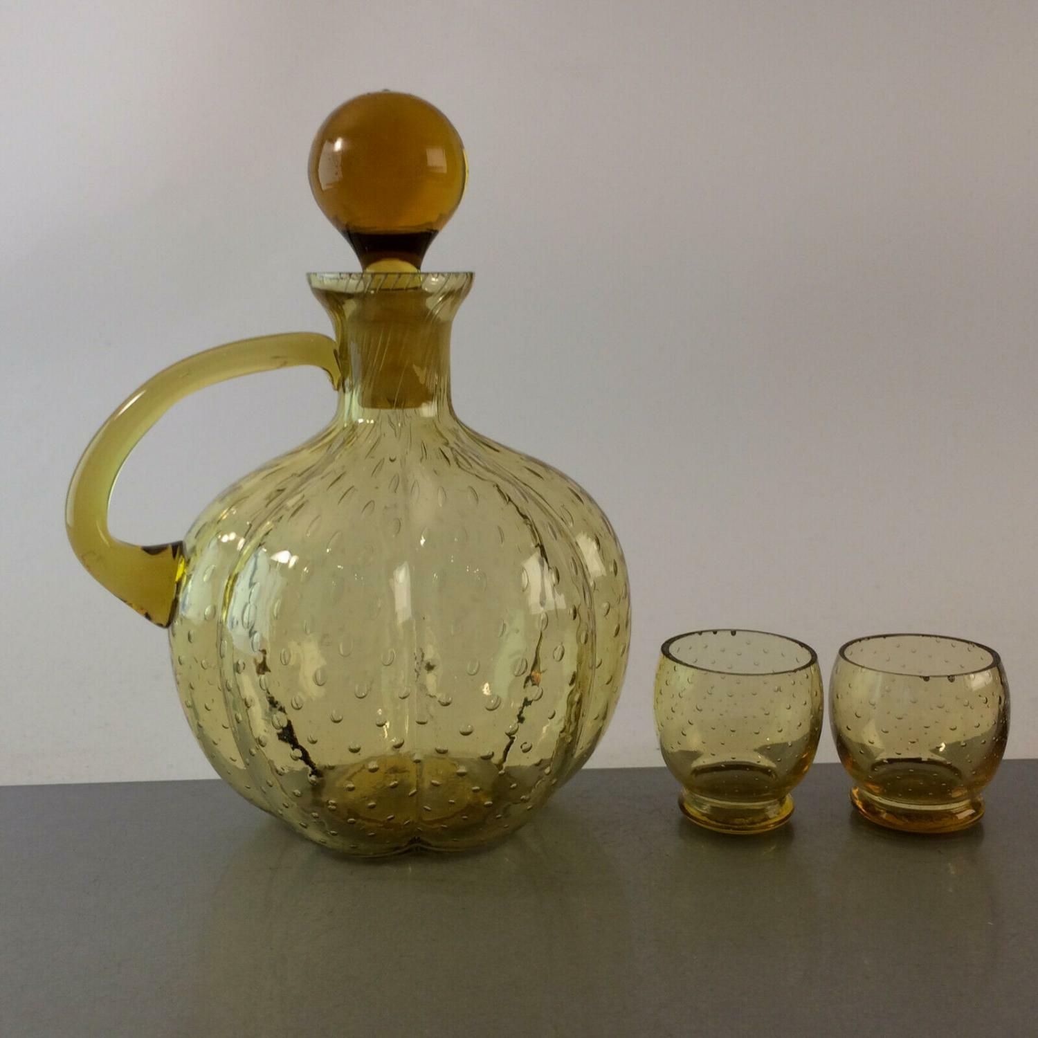Karaffe Flasche mit Likörgläser Schnapsgläser 50er 60er Glas Luftblasen