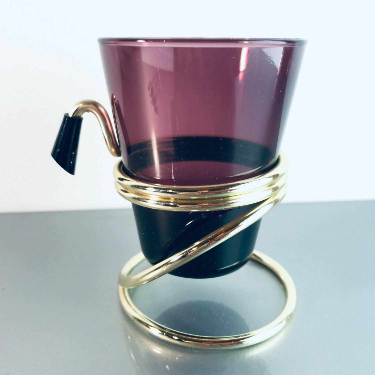 Glas lila Messing 50er 60er mit Halter MID CENTURY