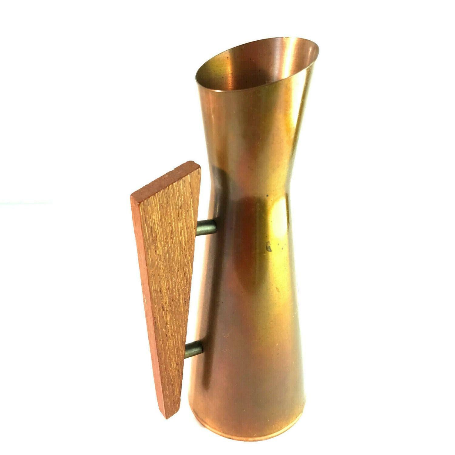VINTAGE Vase Kupfer 50er 60er 17 cm Holz Teak Griff MID CENTURY