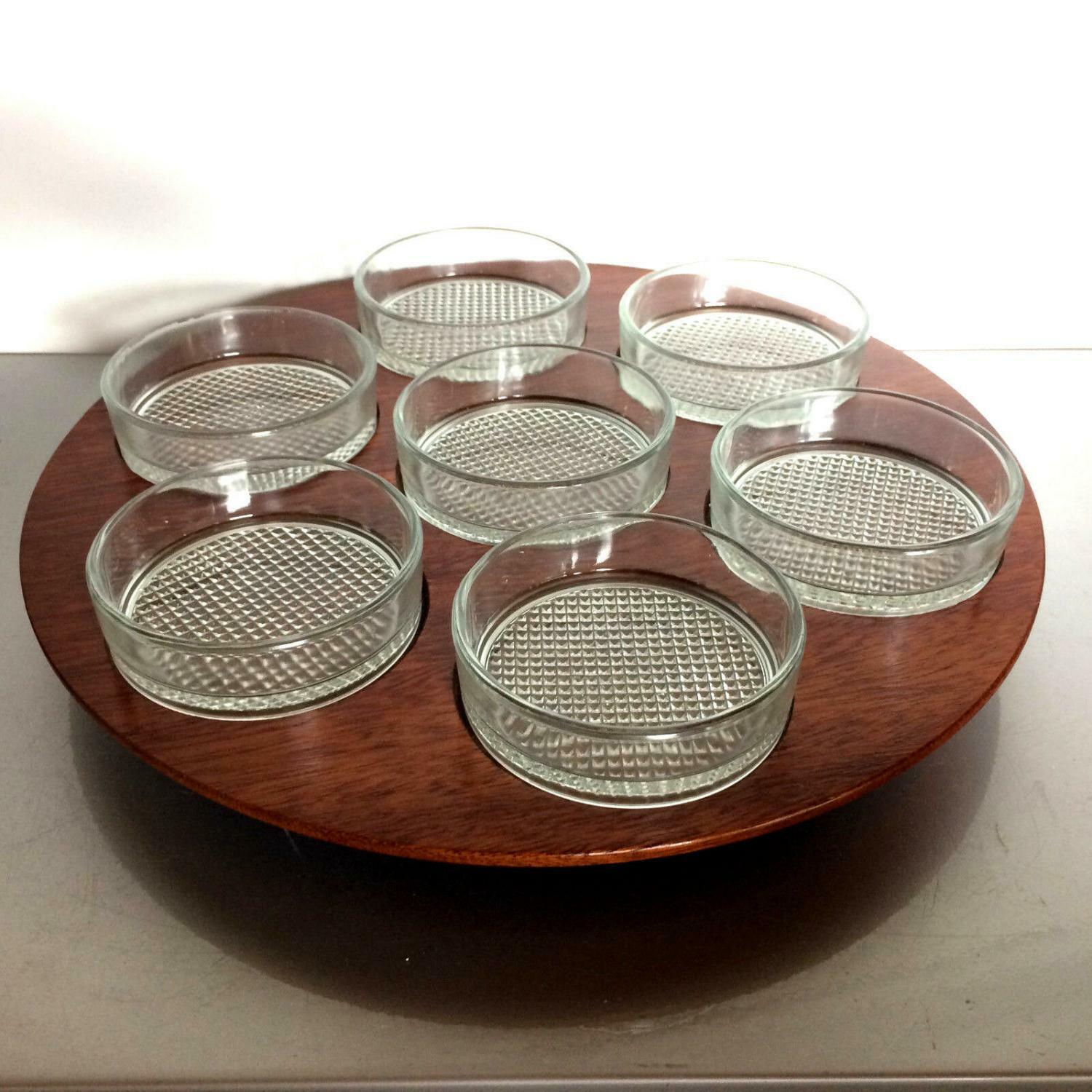 Rondell Drehscheibe Schale SCHÄLCHEN Glas MID CENTURY 50er 60er Holz 35cm