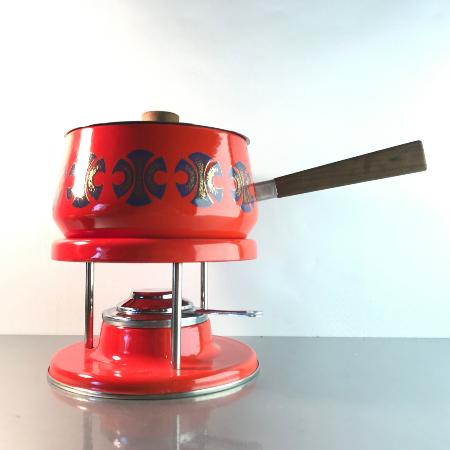 Vintage Fondue Fonduetopf Stövchen Rechaud Brenner Emaille MID CENTURY
