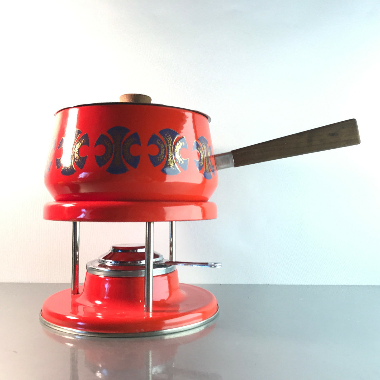 Vintage Fondue Fonduetopf Stövchen Rechaud Brenner Emaille MID CENTURY