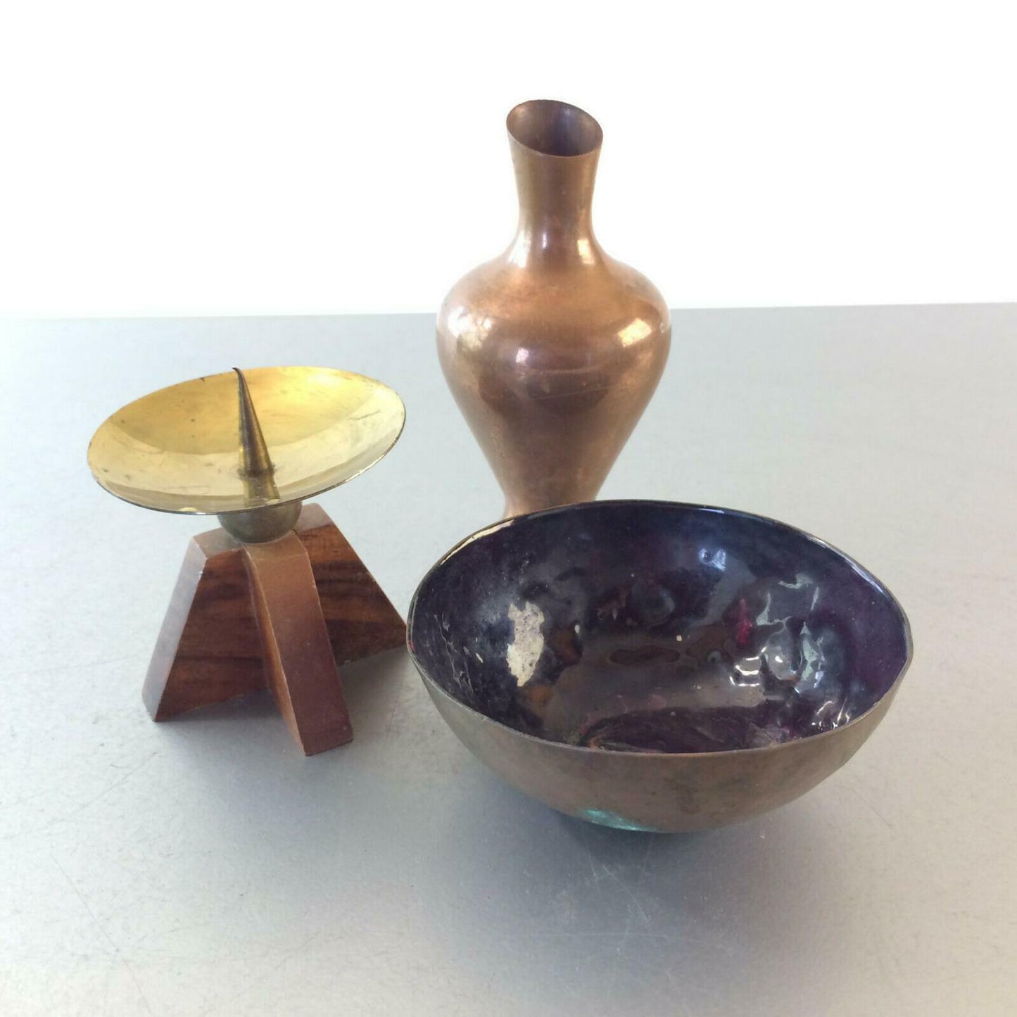 VINTAGE Vase Kupfer 50er 60er 10 cm Messing Kerzenhalter Holz Emaille Scha