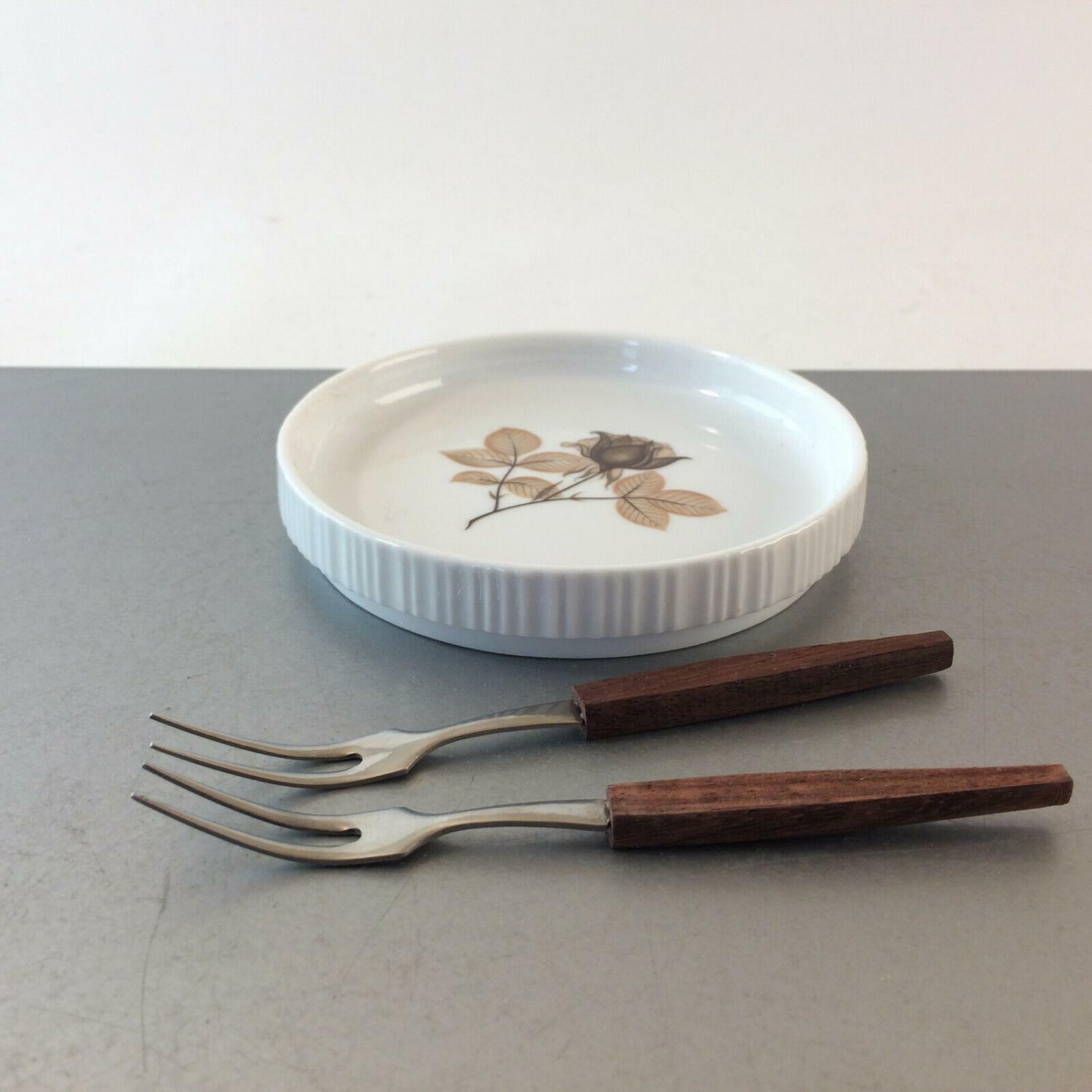 Schale SCHÄLCHEN Porzellan mit Gabeln Teak Metall MID CENTURY 50er 60er 