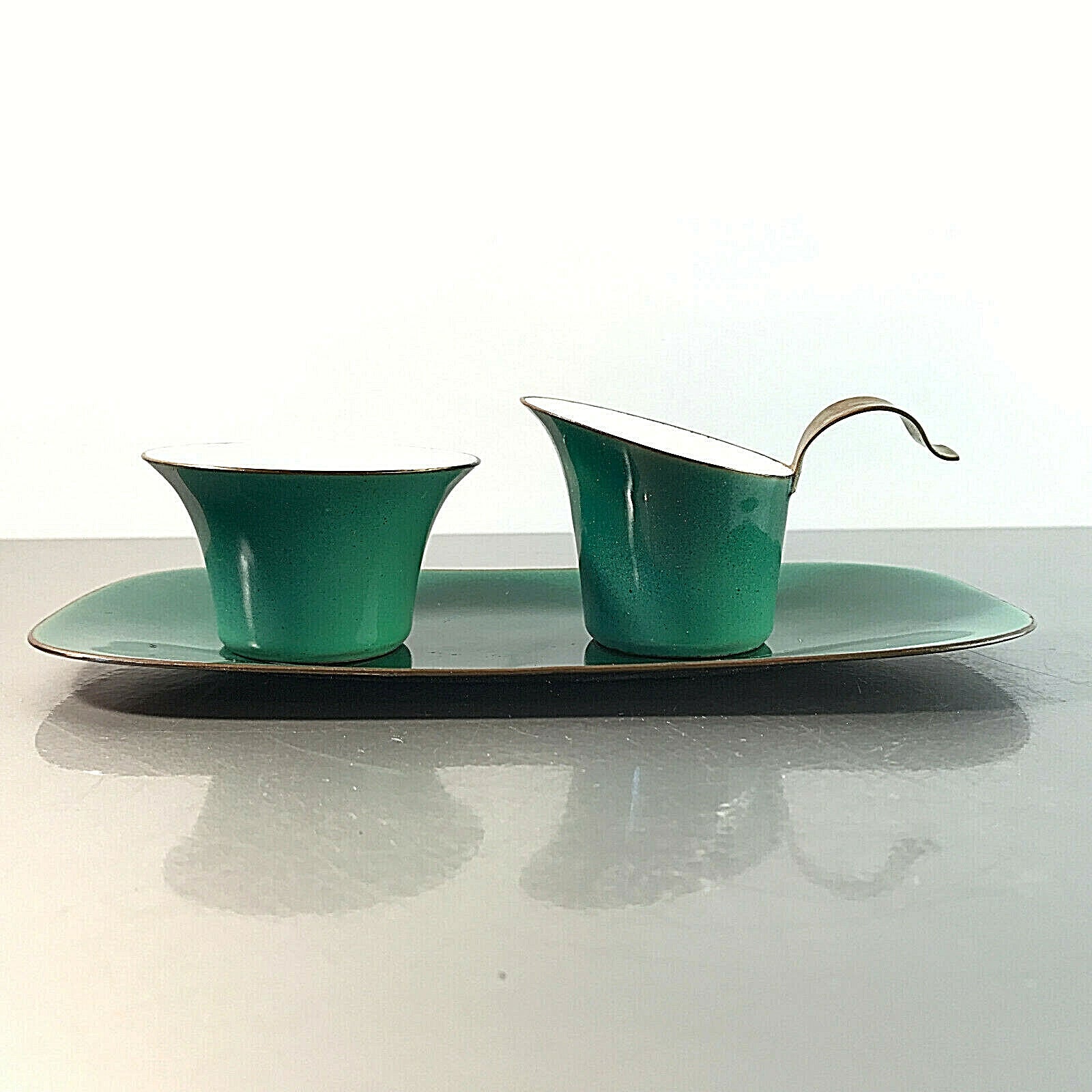 SAHNESERVICE 50er Rahmservice EMAILLE Kupfer Zucker Milch MID CENTURY grün