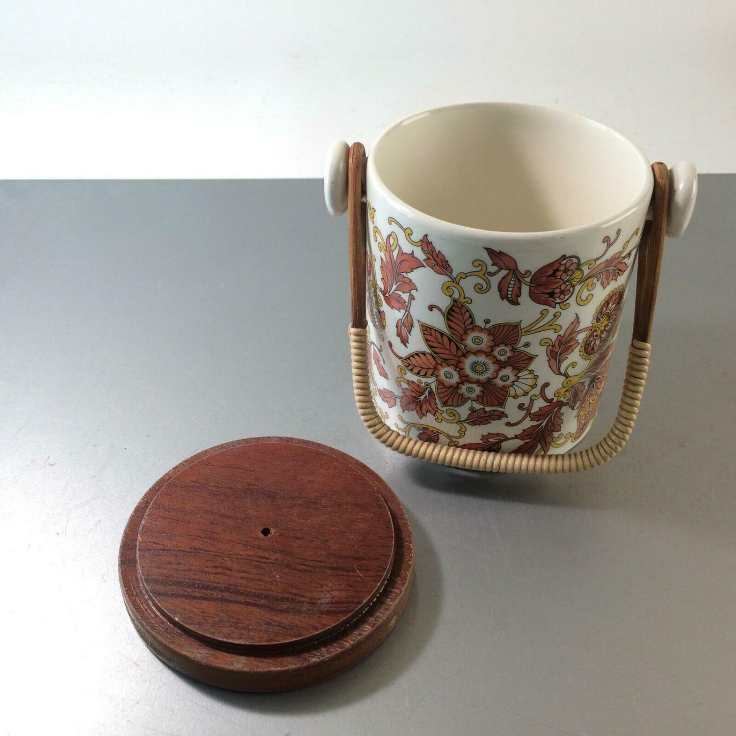 Dose Keramik Deckeldose mit Holzdeckel 12 cm Henkelgriff 50er 60er