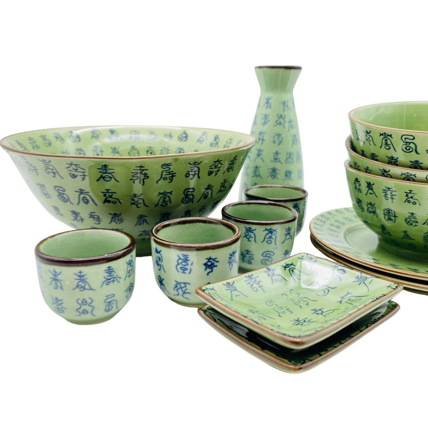 Porzellan Schalen Schüssel grün Schriftzeichen asiatisch Teeschalen Set