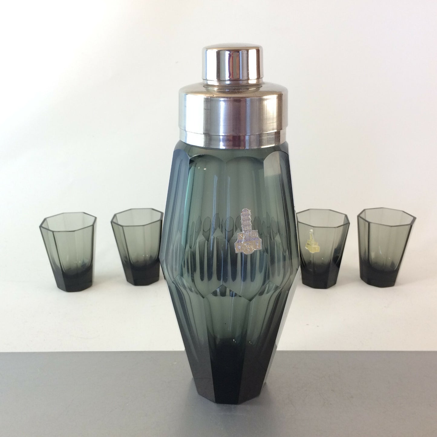 VINTAGE Shaker Art Déco Facetten HAIDA Böhmen Cocktailshaker Glas Gläser
