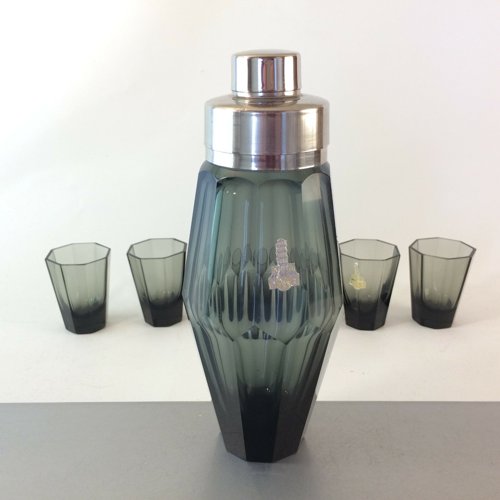 VINTAGE Shaker Art Déco Facetten HAIDA Böhmen Cocktailshaker Glas Gläser