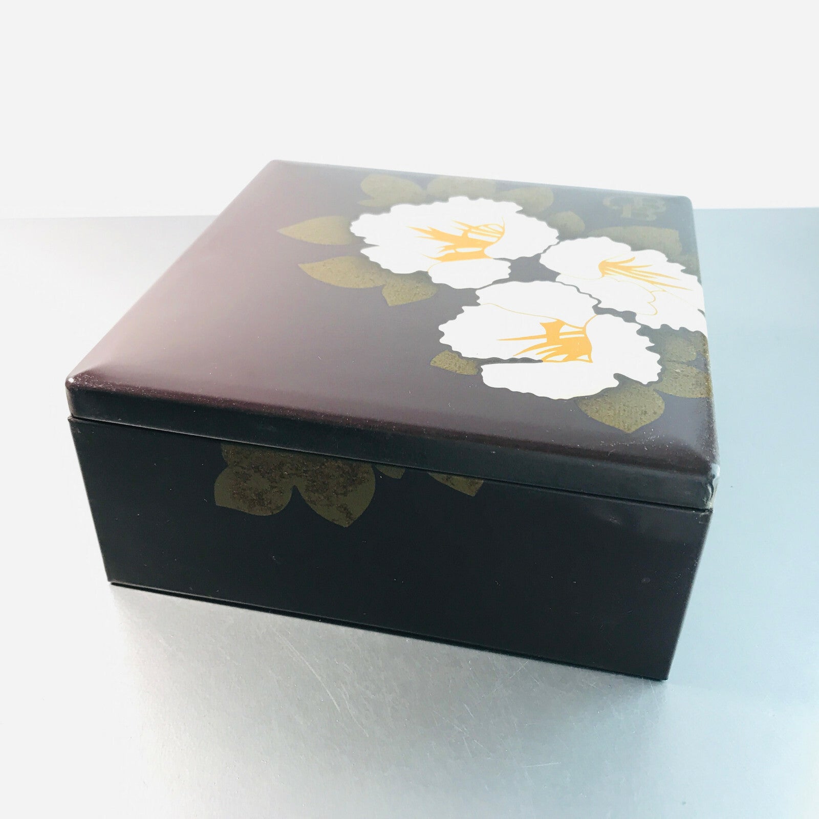 Blechdose Dose aus Metall Blech 7 x 16 x 16 cm braun Blüten 70er Dekoration