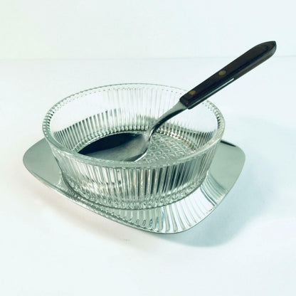 WILKENS Tablett EDELSTAHL GLAS Schälchen Oliven Käse 60er 70er + Löffel