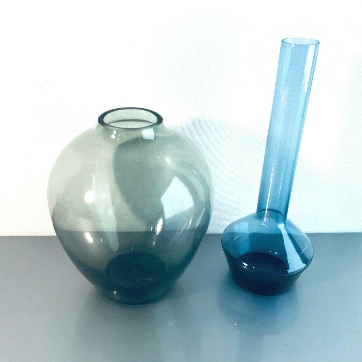 Vintage Glas Vase blau Rauchglas 50er 60er MID CENTURY 14 cm & 10,5 cm