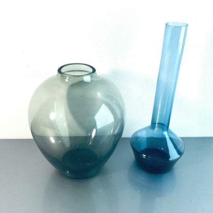 Vintage Glas Vase blau Rauchglas 50er 60er MID CENTURY 14 cm & 10,5 cm
